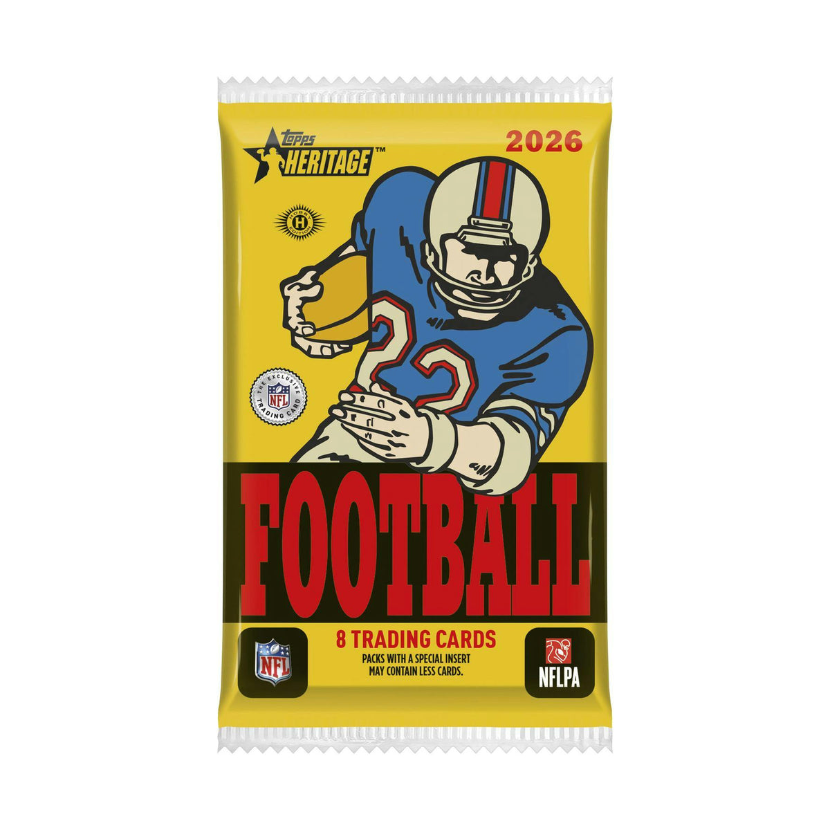 2026 Topps Heritage Football Hobby løs pakke med normalt 8 kort. Original forseglet emballasje.