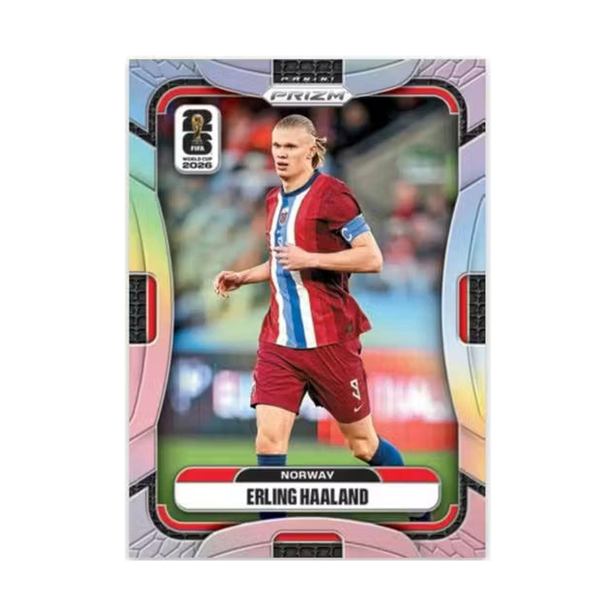 2026 Panini Prizm FIFA World Cup Blaster Wave, Erling Haaland Silver. Produsentens korteksempel, ikke garantert innhold.