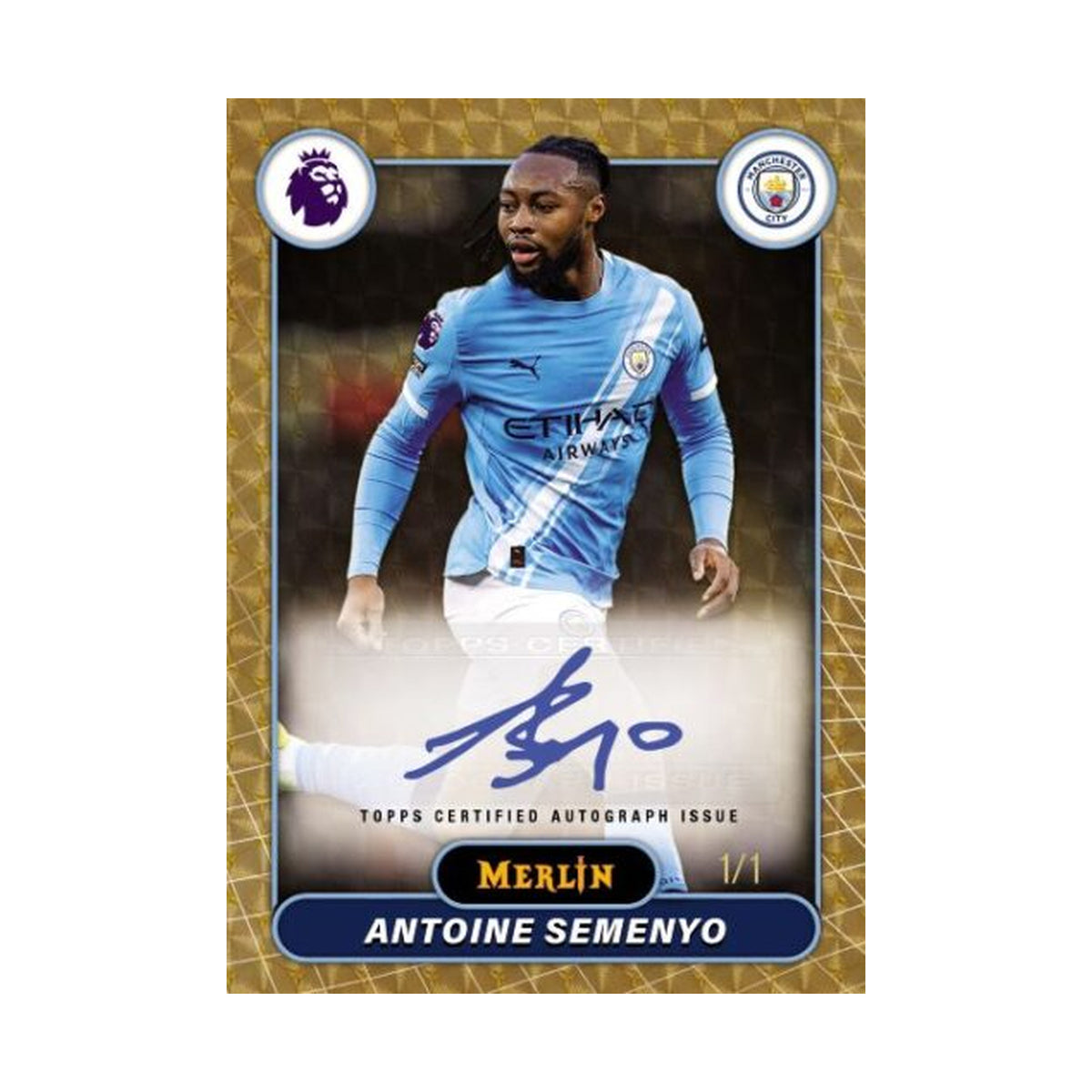 2025/26 Topps Merlin EPL Blaster, Antoine Semenyo autograf Superfractor 1/1. Produsentens korteksempel, ikke garantert innhold.