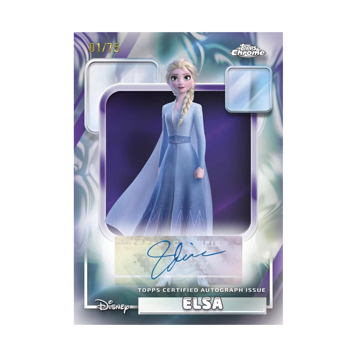 2026 Topps Chrome Disney Blaster, Elsa Authentic Disney Princess autograf Purple /75. Produsentens korteksempel, ikke garantert innhold.