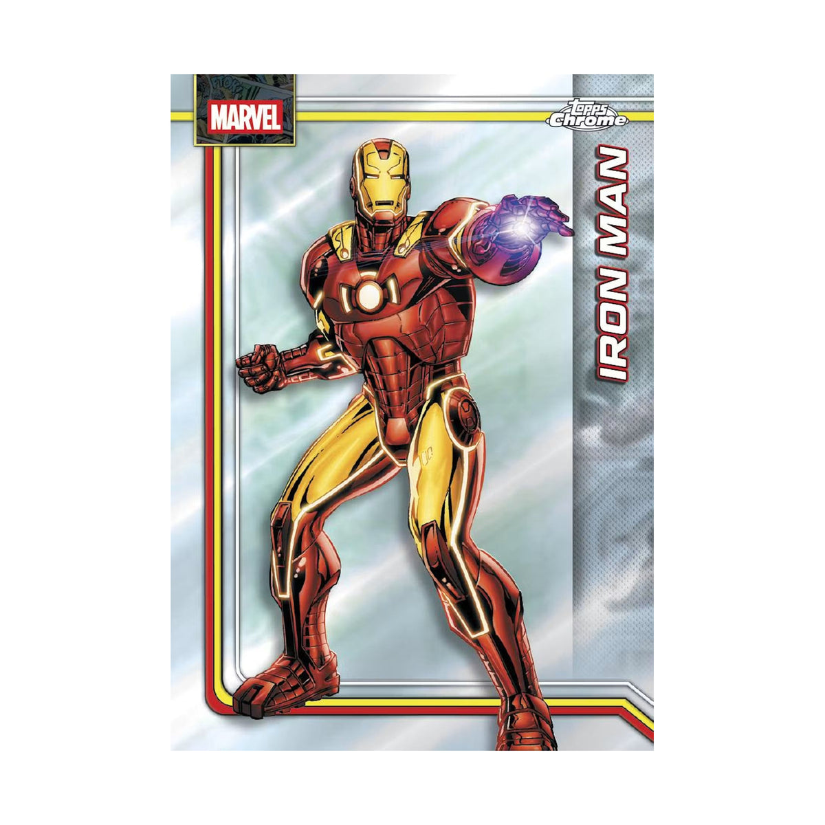 2026 Topps Chrome Marvel Comics Blaster, Iron Man basekort. Produsentens korteksempel, ikke garantert innhold.