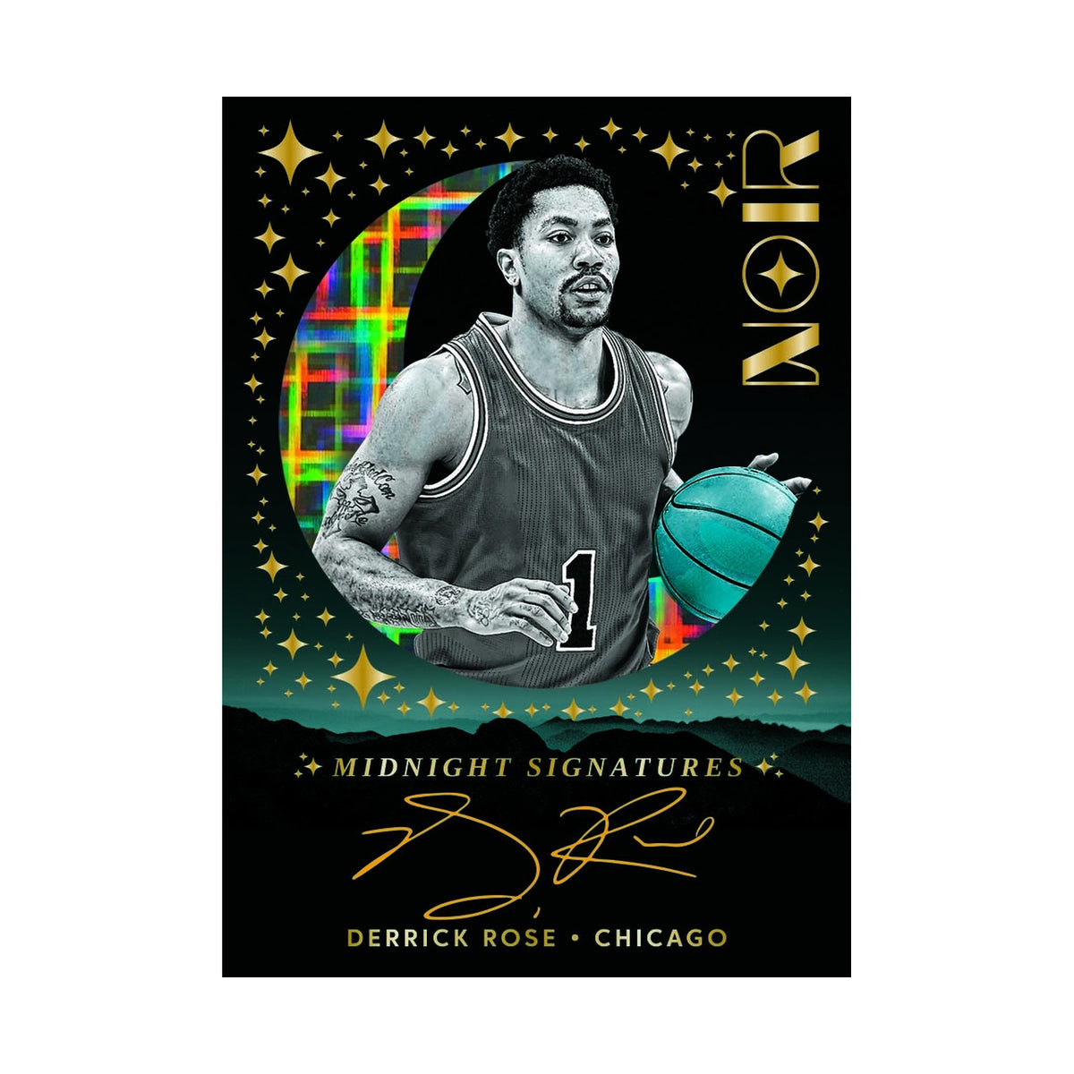 2025/26 Panini Noir Basketball. Derrick Rose Midnight Signatures Holo Gold. Produsentens eksempel, ikke garantert innhold.