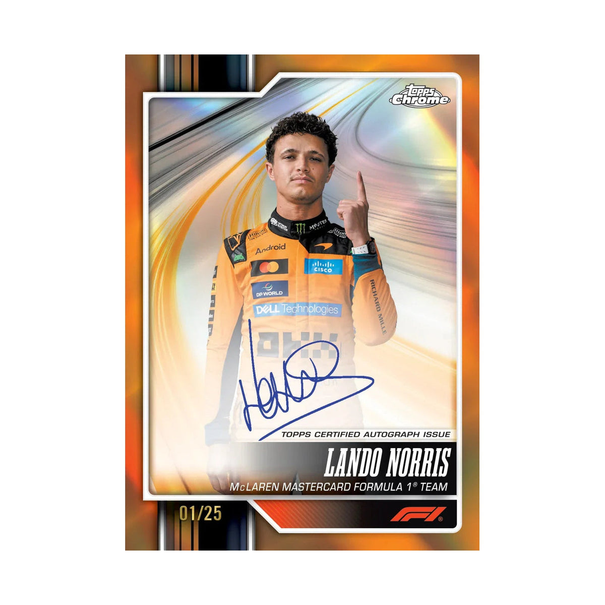 2026 Topps Chrome F1 Formula 1 Hobby Boks. Lando Norris autograf nummerert /25. Produsentens eksempel, ikke garantert innhold. – Break #1650