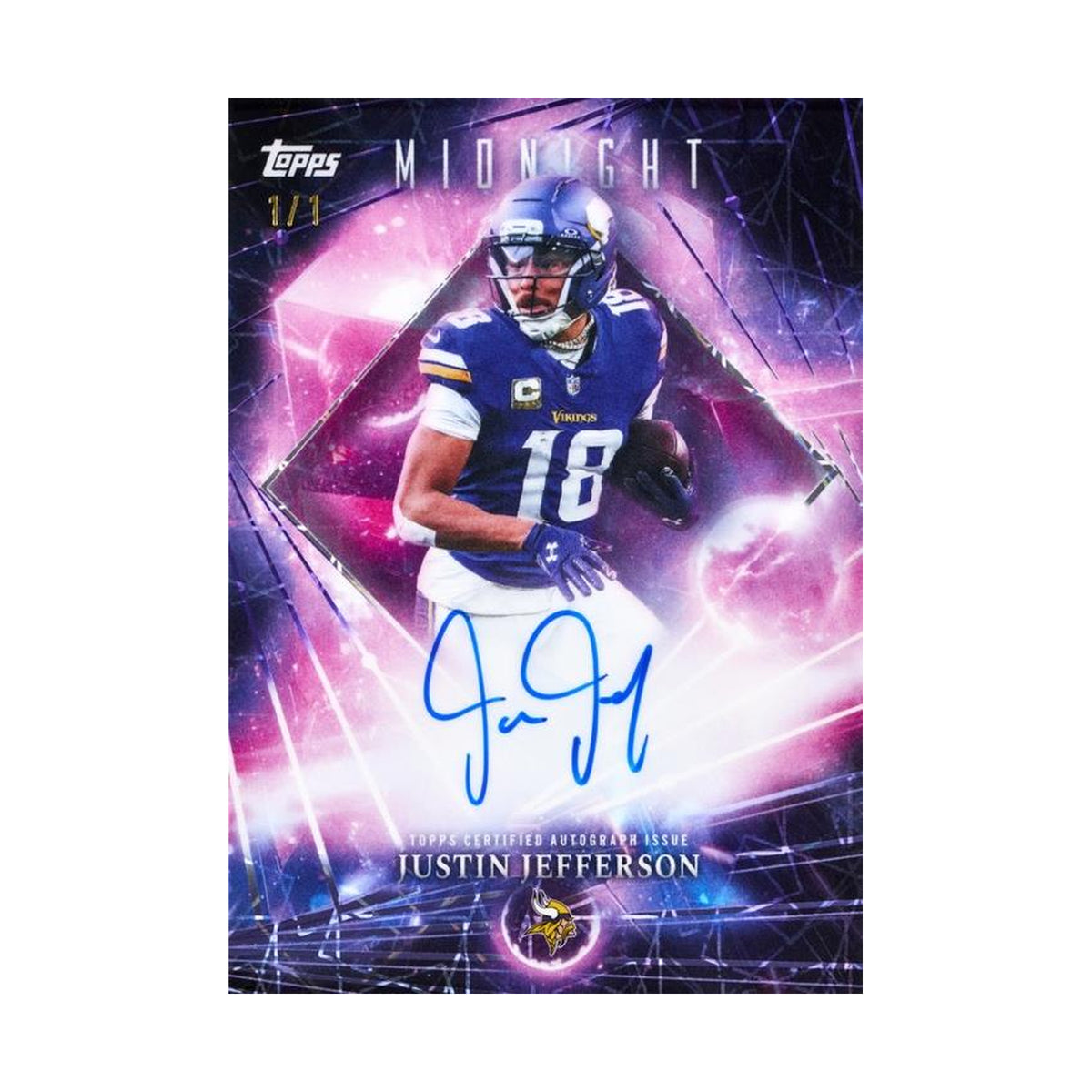 2026 Topps Midnight Football Dark Matter Autographs Justin Jefferson, produsentens korteksempel, ikke garantert innhold