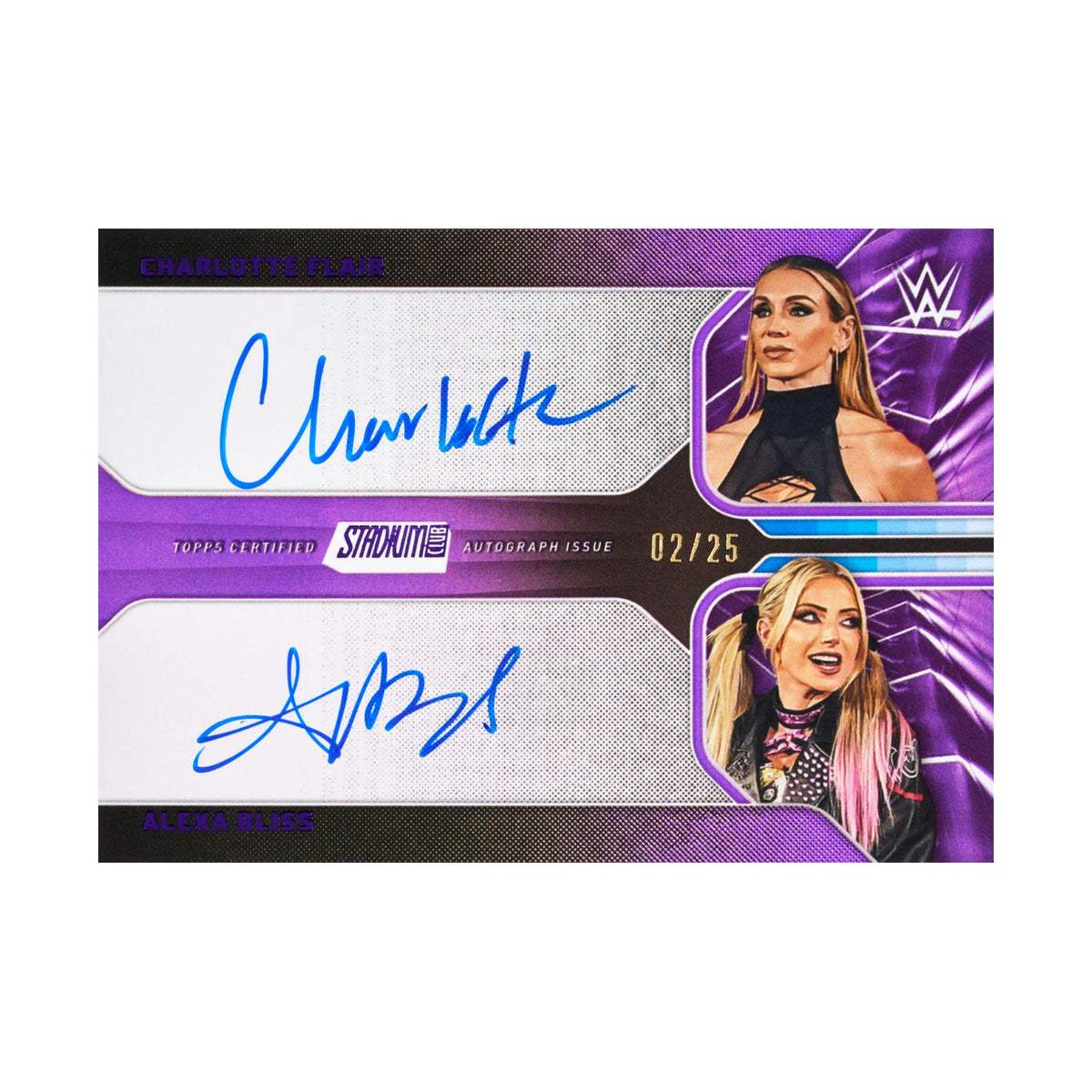 Charlotte Flair og Alexa Bliss Dual Autographs Purple /25 – produsentens korteksempel, ikke garantert boksinnhold