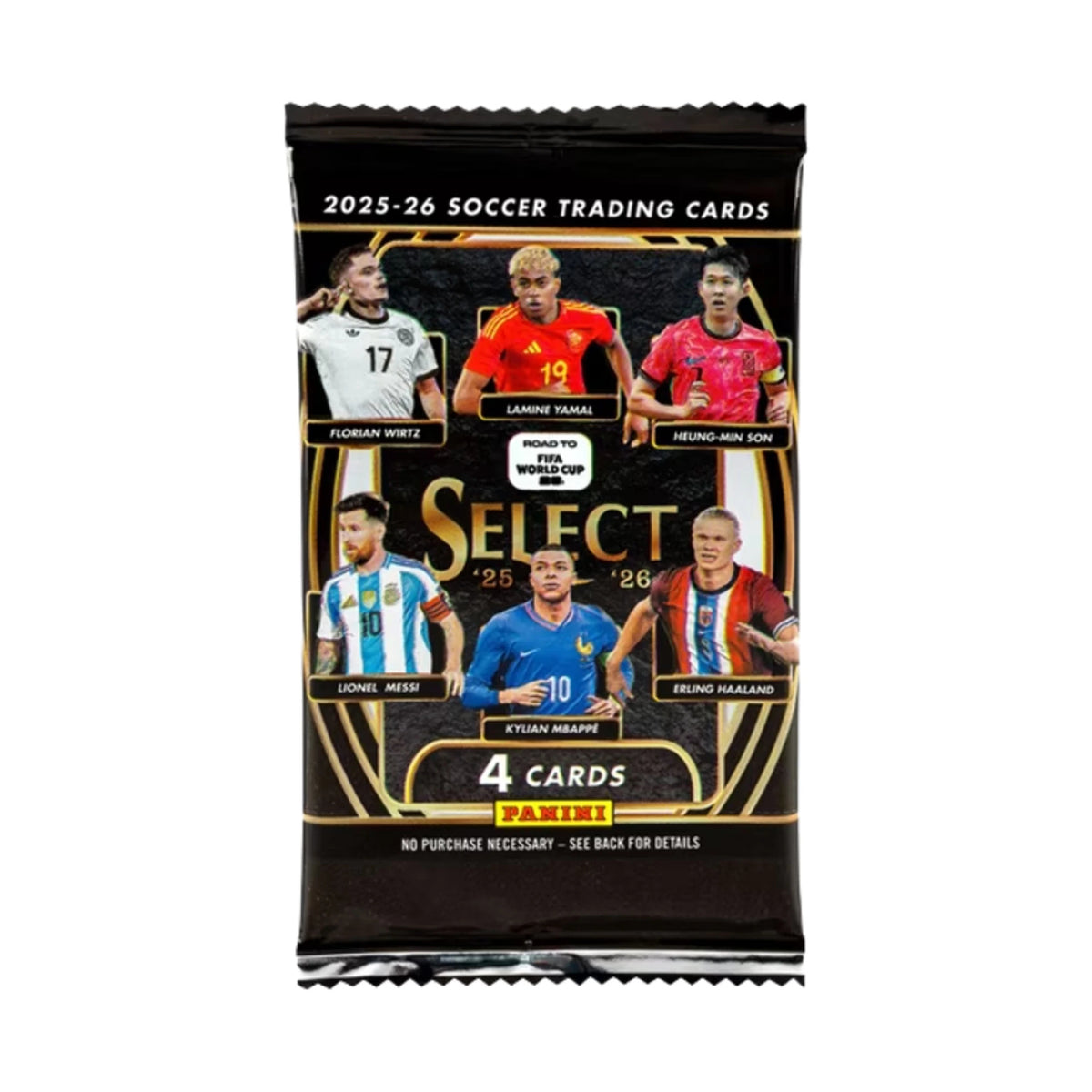 2025/26 Panini Select Road to FIFA World Cup Blaster, forseglet løs pakke med 4 kort.
