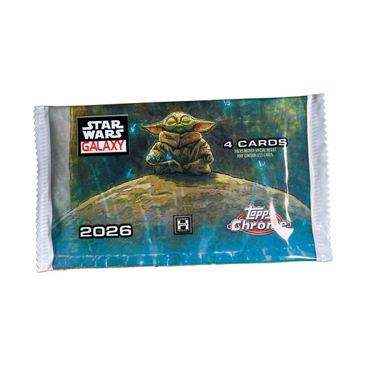 2026 Topps Star Wars Chrome Galaxy uåpnet Hobby pakke med normalt fire kort, faktisk pakkefoto