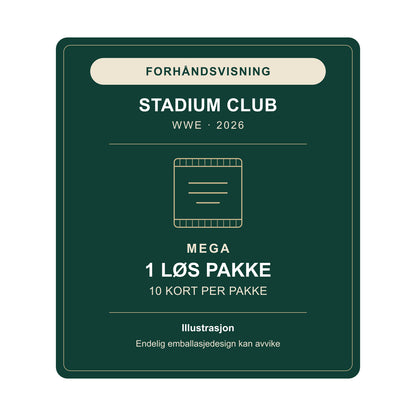 Forhåndsvisning: 2026 Stadium Club WWE MEGA, én løs pakke med 10 kort. Illustrasjon – endelig emballasjedesign kan avvike.