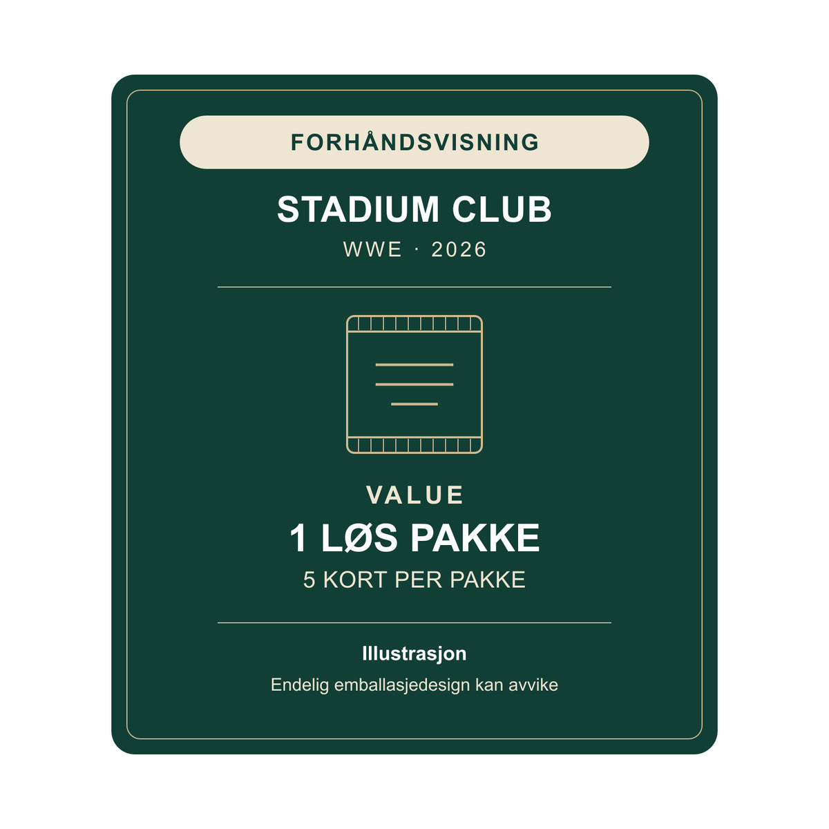 Forhåndsvisning: 2026 Stadium Club WWE VALUE, én løs pakke med 5 kort. Illustrasjon – endelig emballasjedesign kan avvike.