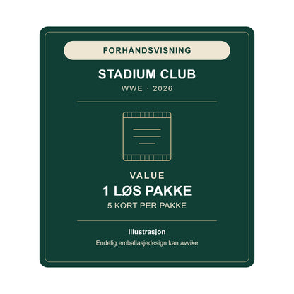 Forhåndsvisning: 2026 Stadium Club WWE VALUE, én løs pakke med 5 kort. Illustrasjon – endelig emballasjedesign kan avvike.