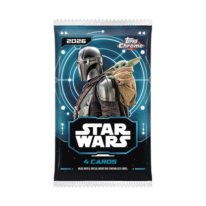 2026 Topps Chrome Star Wars Value Blaster, forseglet løs pakke med 4 kort. Pakker med spesialinnlegg kan inneholde færre kort.