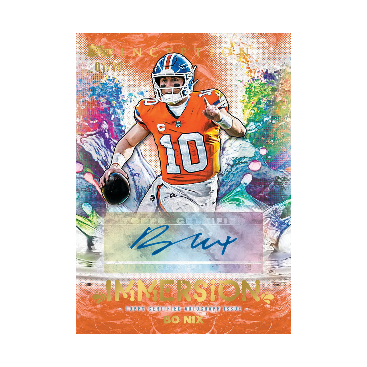 2026 Topps Inception Football – Bo Nix Immersion autografkort /10, eksempelkort, ikke garantert innhold