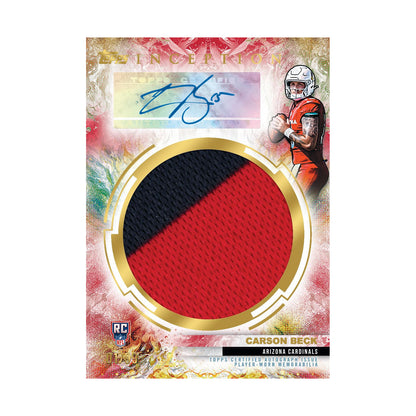 2026 Topps Inception Football – Carson Beck autograf-relic /99 med player-worn memorabilia, eksempelkort, ikke garantert innhold