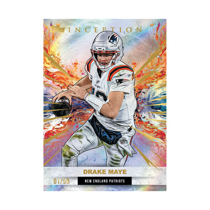 2026 Topps Inception Football – Drake Maye parallellkort /50, eksempelkort, ikke garantert innhold