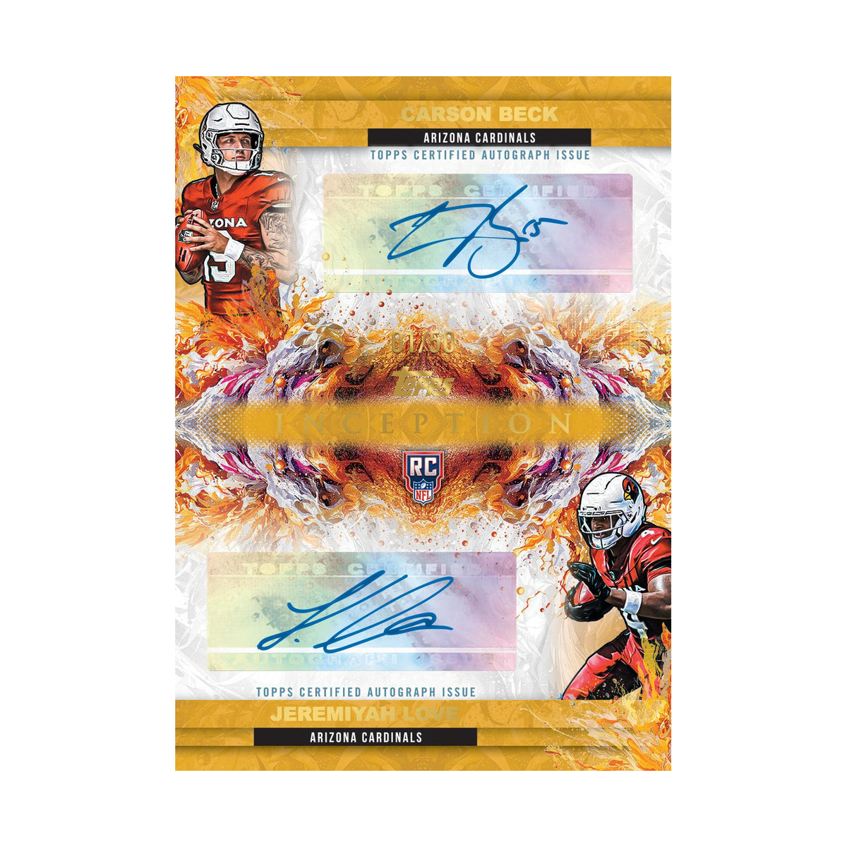 2026 Topps Inception Football – Carson Beck og Jeremiyah Love Dual Rookie Autographs /50, eksempelkort, ikke garantert innhold