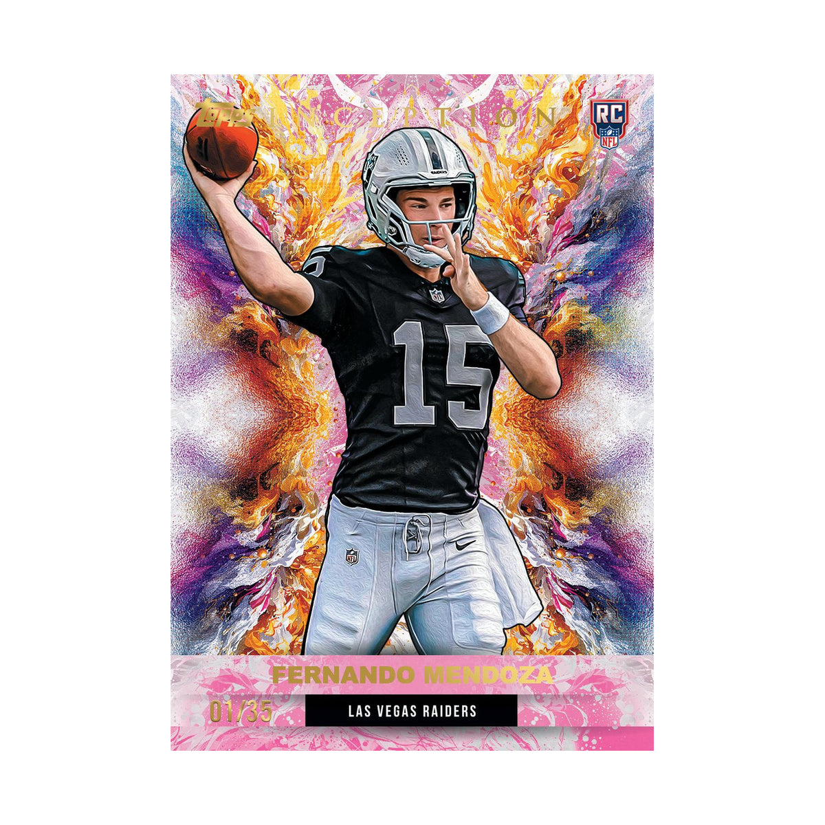 2026 Topps Inception Football – Fernando Mendoza rookie-parallell /35, eksempelkort, ikke garantert innhold