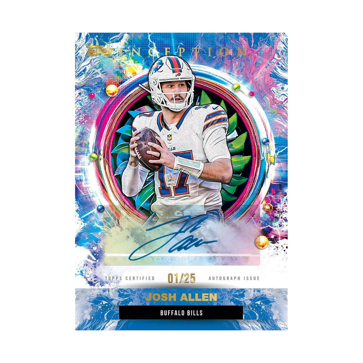 2026 Topps Inception Football – Josh Allen autografkort /25, eksempelkort, ikke garantert innhold