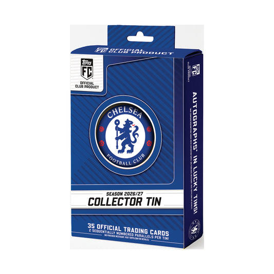 Topps Chelsea Collector Tin 2026/27, original emballasje for hel tin med 35 kort