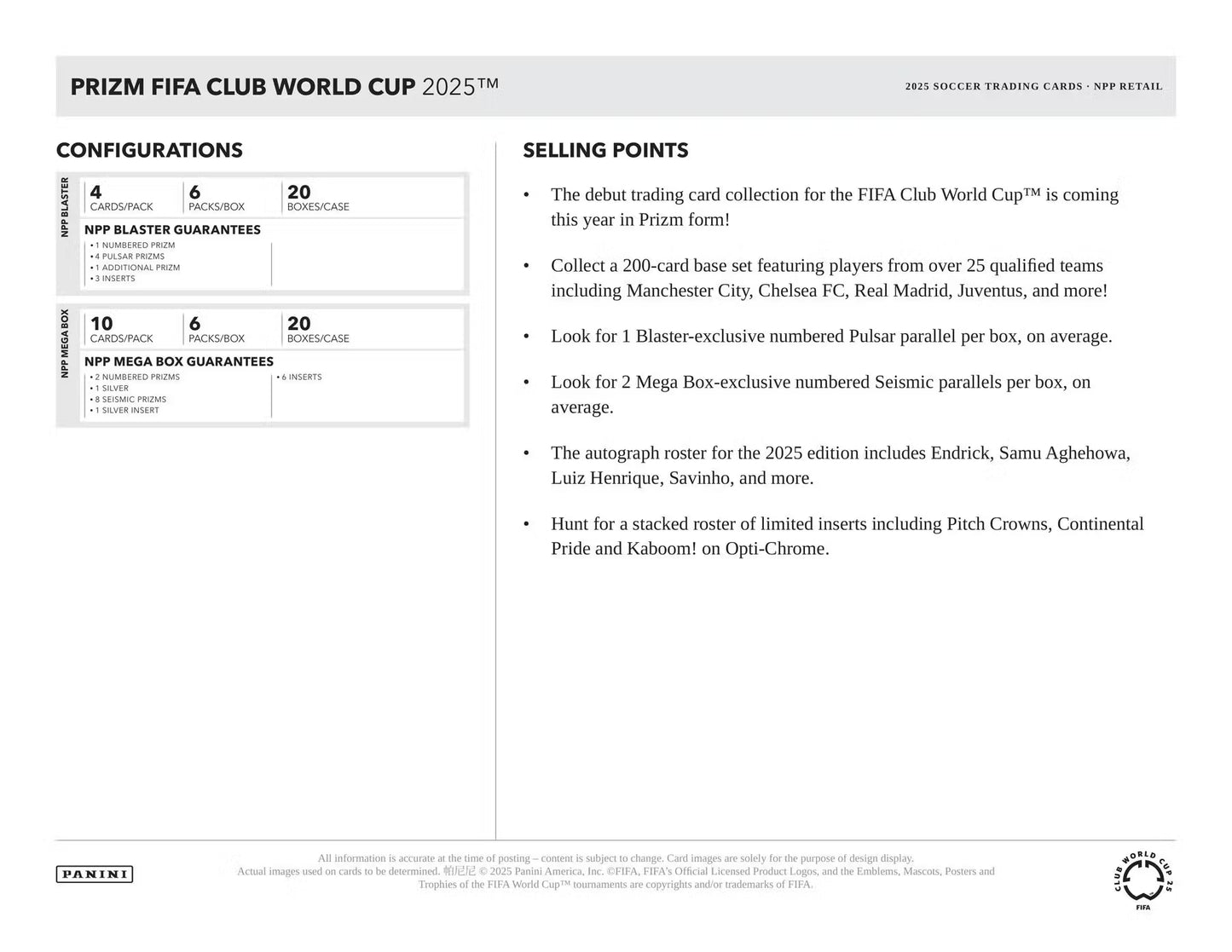 2025 Panini Prizm FIFA Club World Cup Soccer Mega Pakke
