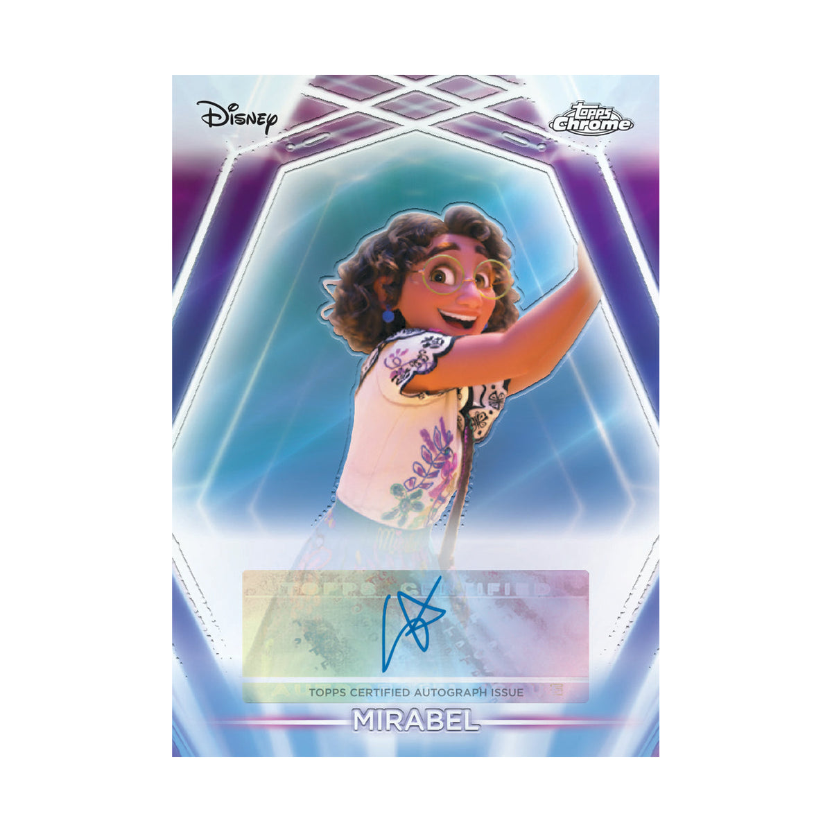 2026 Topps Disney Neon Blaster, Mirabel Chrome Etch autograf. Produsentens korteksempel, ikke garantert innhold.