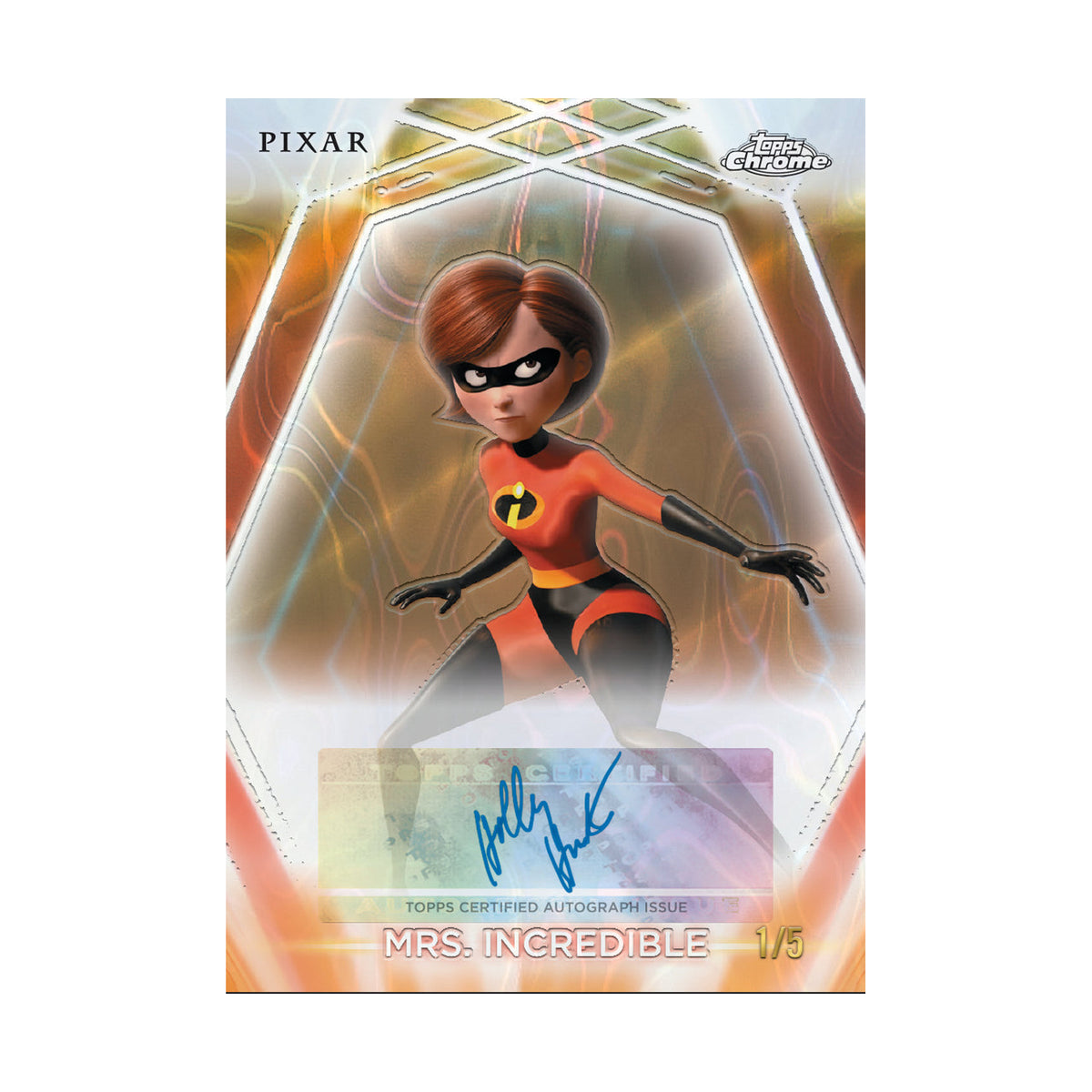 2026 Topps Disney Neon Blaster, Mrs. Incredible Chrome Etch autograf /5. Produsentens korteksempel, ikke garantert innhold.
