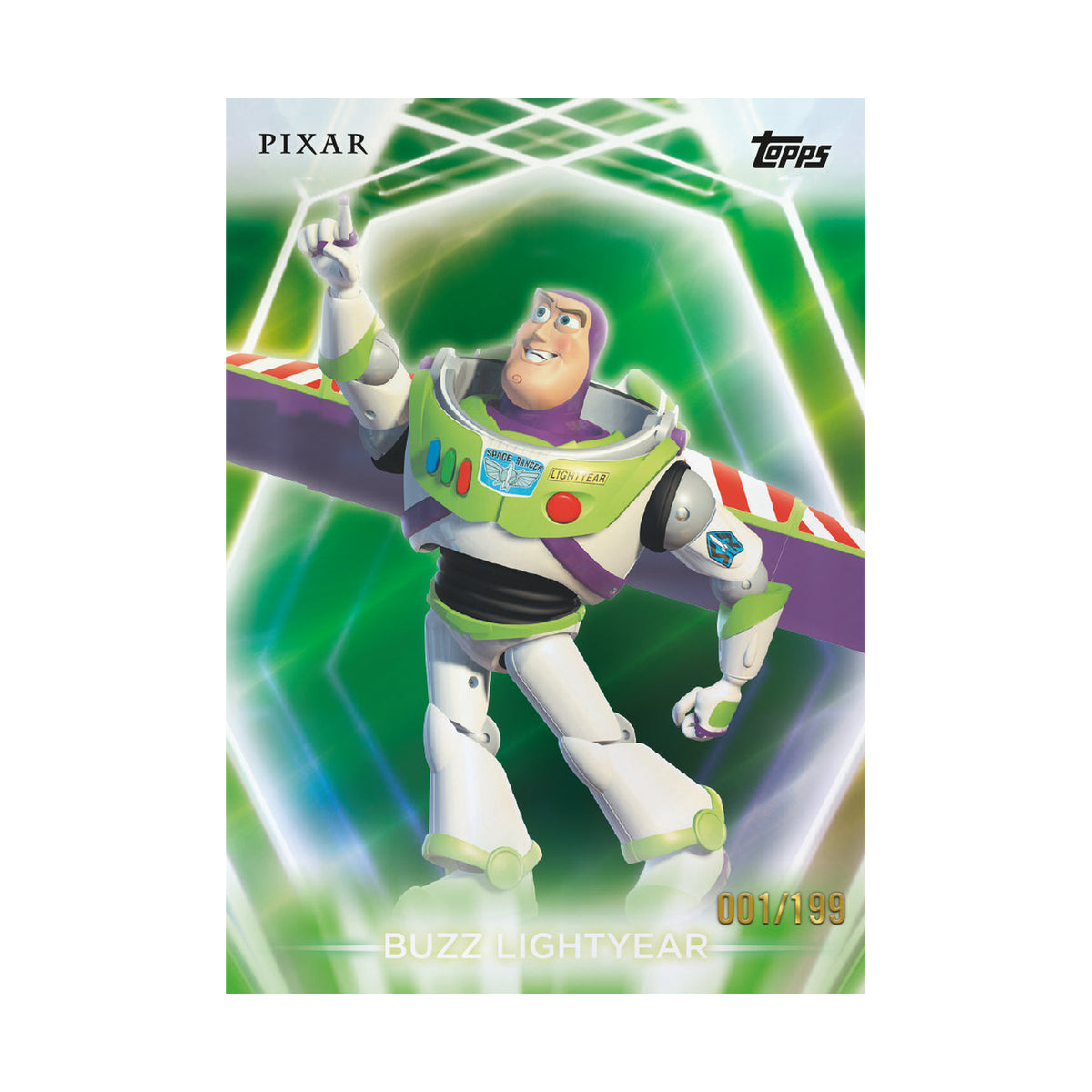 2026 Topps Disney Neon Blaster, Buzz Lightyear /199. Produsentens korteksempel, ikke garantert innhold.