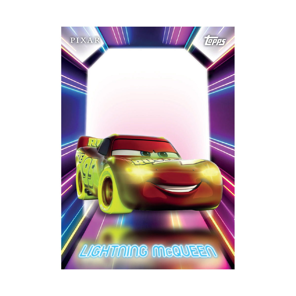 2026 Topps Disney Neon Blaster, Lightning McQueen kort. Produsentens korteksempel, ikke garantert innhold.