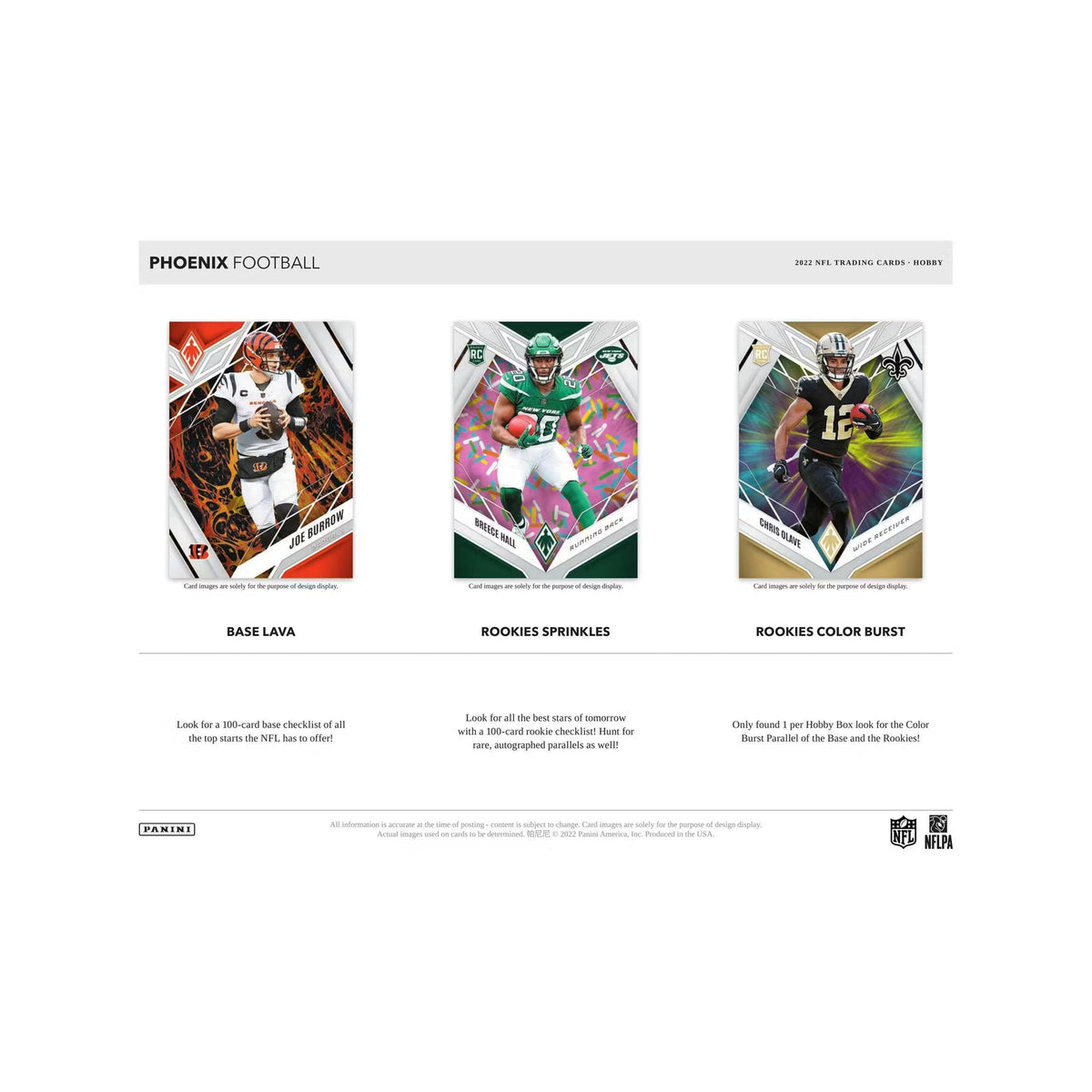 2022 Panini Phoenix Football Hobby, Base Lava, rookies og Color Burst. Produsentens korteksempel, ikke garantert innhold.