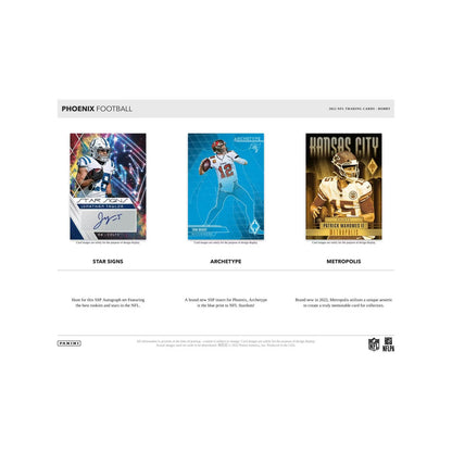 2022 Panini Phoenix Football Hobby, Star Signs, Archetype og Metropolis. Produsentens korteksempel, ikke garantert innhold.