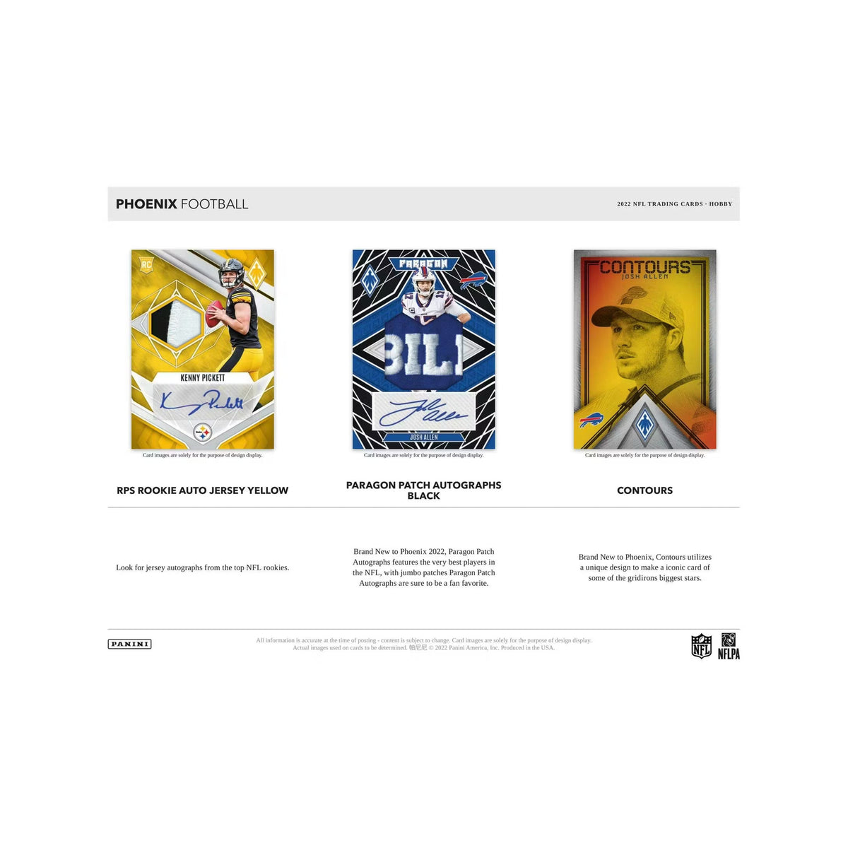 2022 Panini Phoenix Football Hobby, Rookie Auto Jersey, Paragon Patch og Contours. Produsentens korteksempel, ikke garantert innhold.