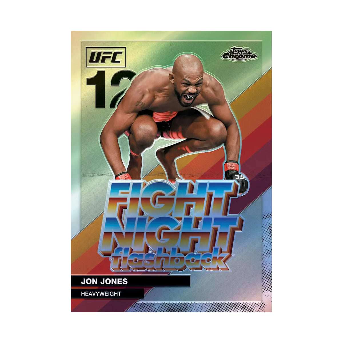 2026 Topps Chrome UFC Hobby, Jon Jones Fight Night Flashbacks. Produsentens korteksempel, ikke garantert innhold.