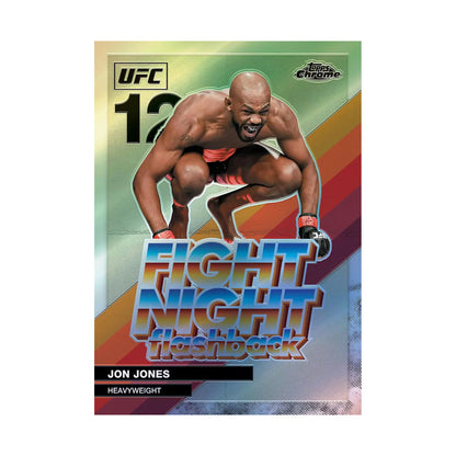 2026 Topps Chrome UFC Hobby, Jon Jones Fight Night Flashbacks. Produsentens korteksempel, ikke garantert innhold.