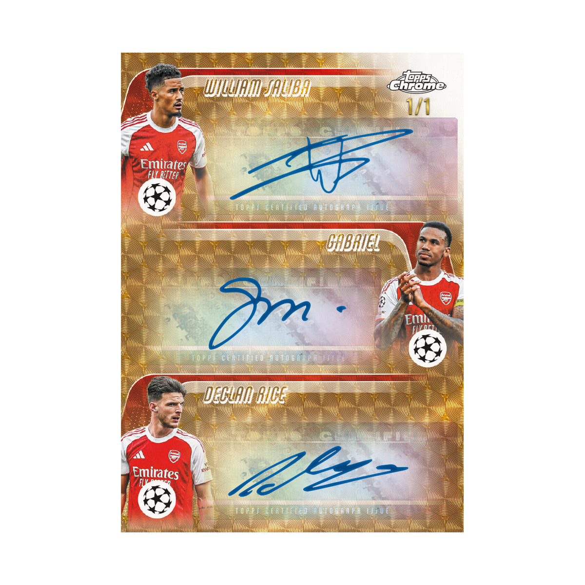 2025/26 Topps Chrome UCC Blaster, Arsenal Triple Autograph Superfractor 1/1. Produsentens korteksempel, ikke garantert innhold.