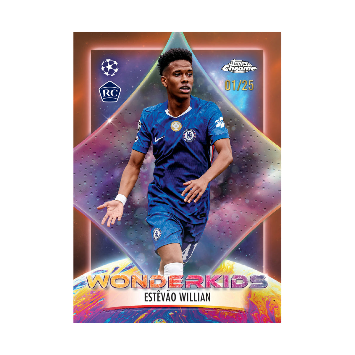 2025/26 Topps Chrome UEFA Club Competitions, Estevao Willian Wonderkids Orange /25. Produsentens korteksempel, ikke garantert innhold.