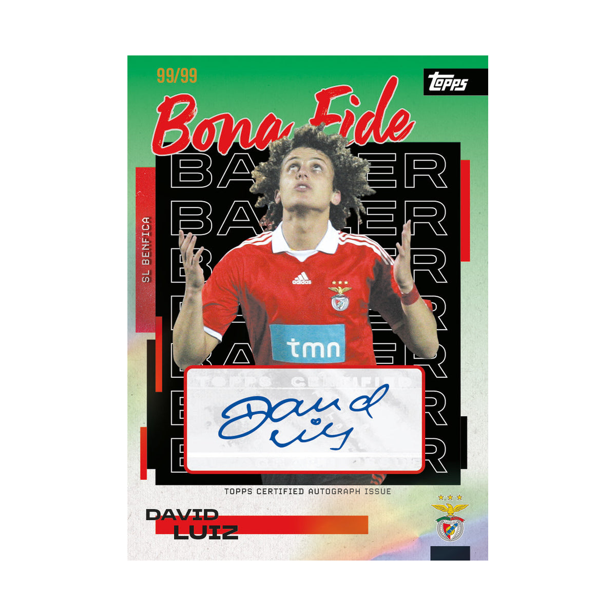 2025/26 Topps Benfica Team Set David Luiz Bona Fide Baller autograf, produsentens korteksempel, ikke garantert innhold