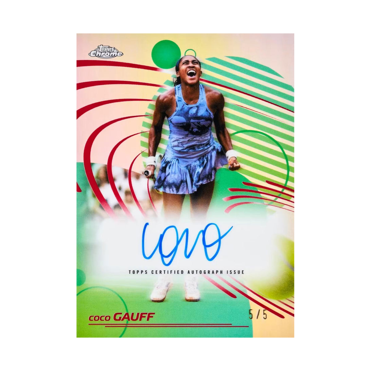 2026 Topps Chrome Tennis Coco Gauff Court Scripts Red /5 autograf, produsentens korteksempel, ikke garantert innhold