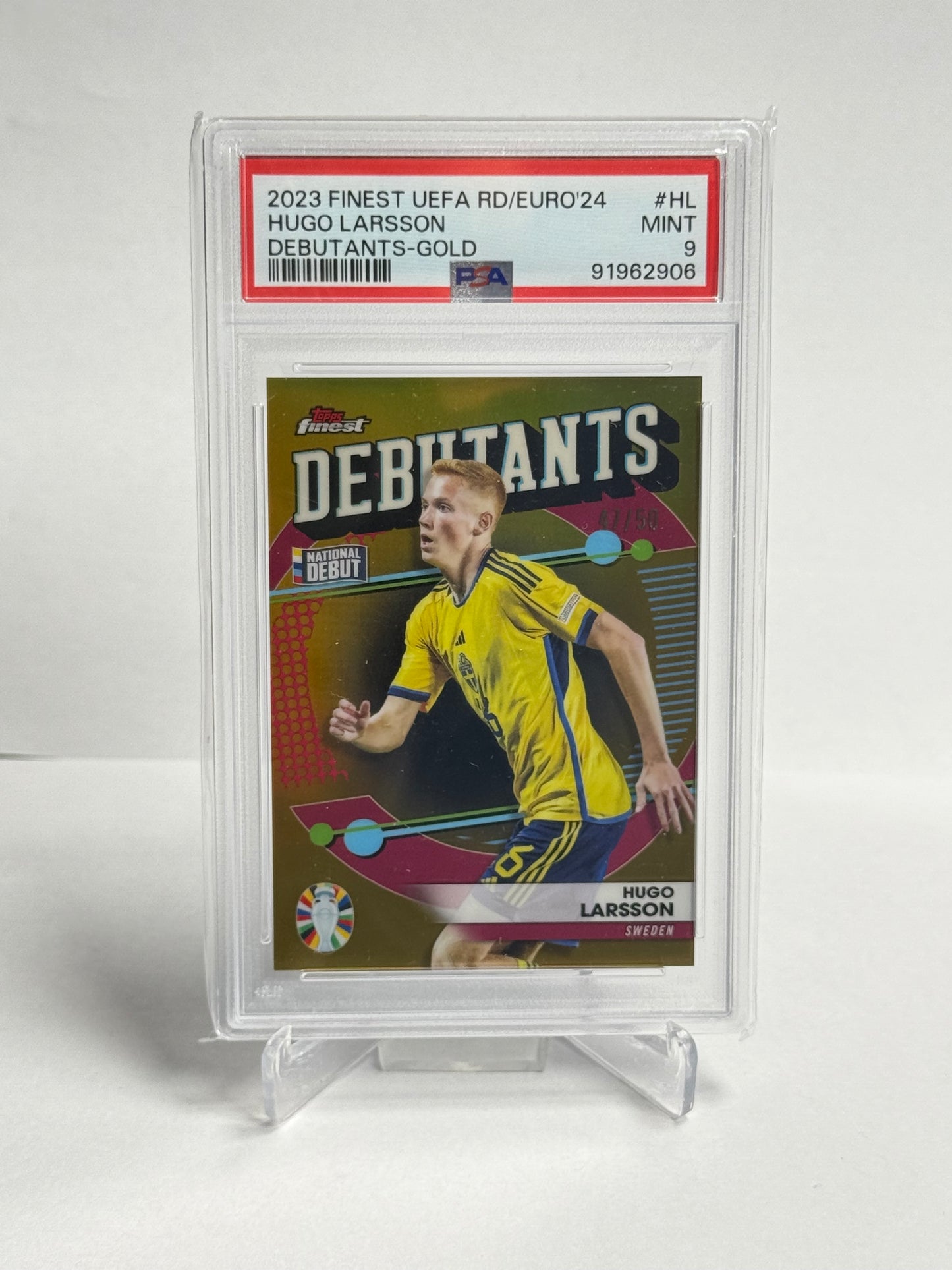 2023 Topps Finest UEFA Hugo Larsson Debutants Gold PSA 9