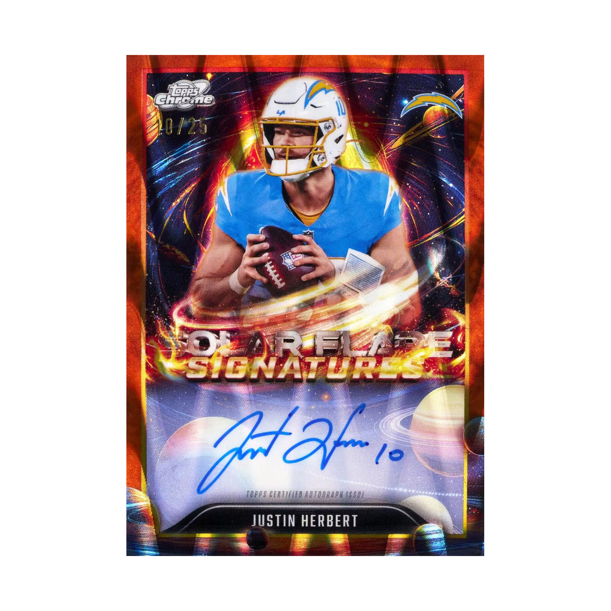 2025 Topps Cosmic Chrome Football Hobby, Justin Herbert Solar Flares Orange Galactic /25. Produsentens korteksempel, ikke garantert innhold.