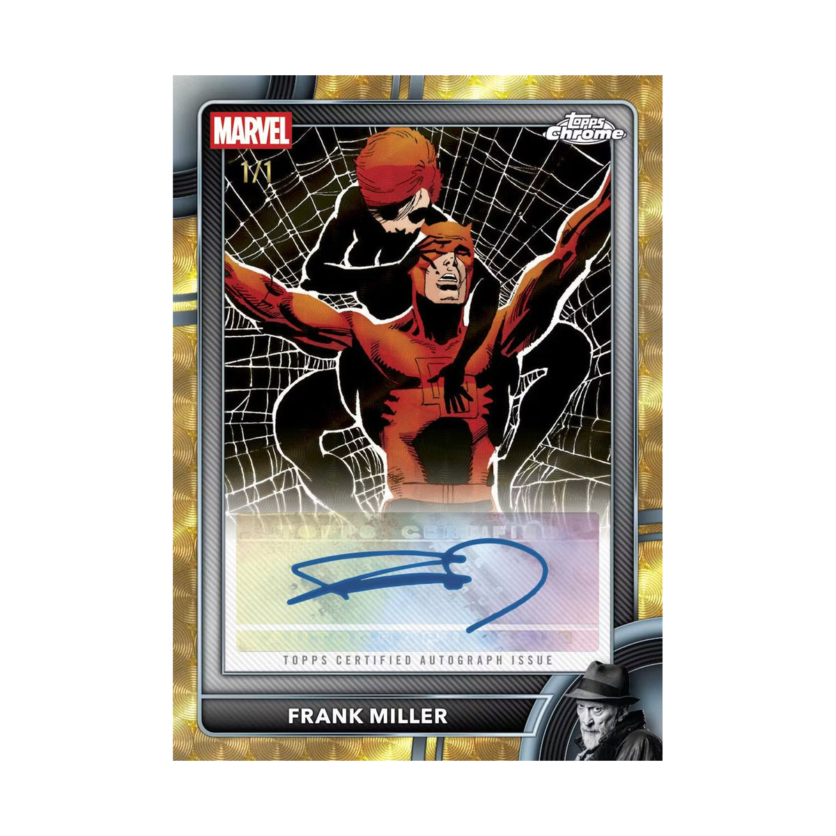 2026 Topps Chrome Marvel Comics Blaster, Frank Miller Artist Autograph Gold. Produsentens korteksempel, ikke garantert innhold.