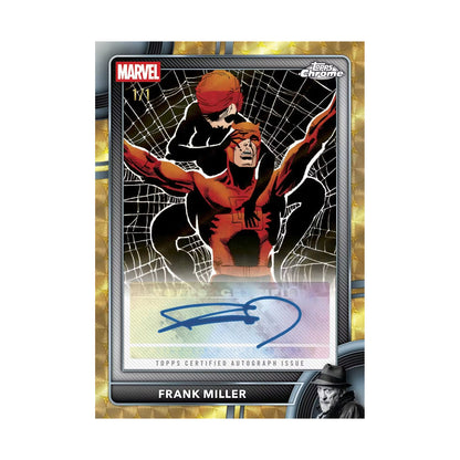 2026 Topps Chrome Marvel Comics Blaster, Frank Miller Artist Autograph Gold. Produsentens korteksempel, ikke garantert innhold.