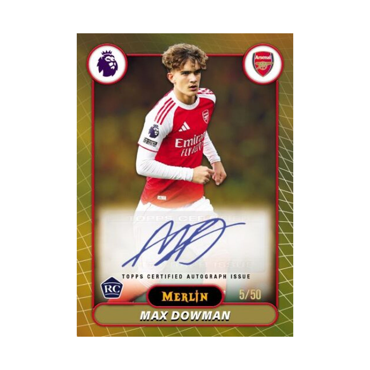 2025/26 Topps Merlin EPL Blaster, Max Dowman Gold autograf /50. Produsentens korteksempel, ikke garantert innhold.