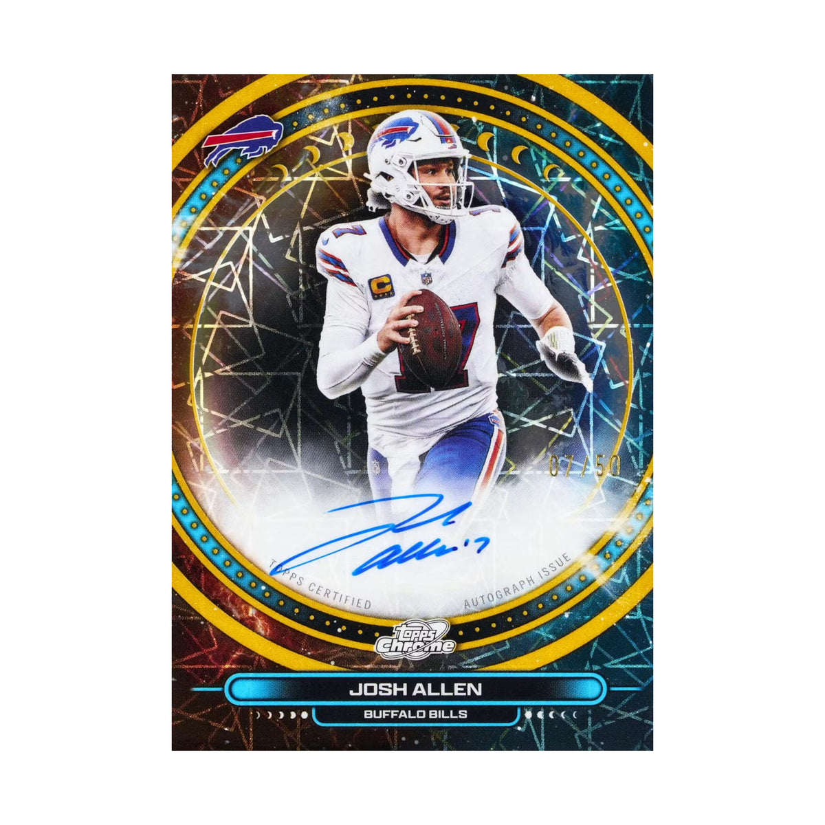 2025 Topps Cosmic Chrome Football Hobby, Josh Allen Equinox autograf. Produsentens korteksempel, ikke garantert innhold.