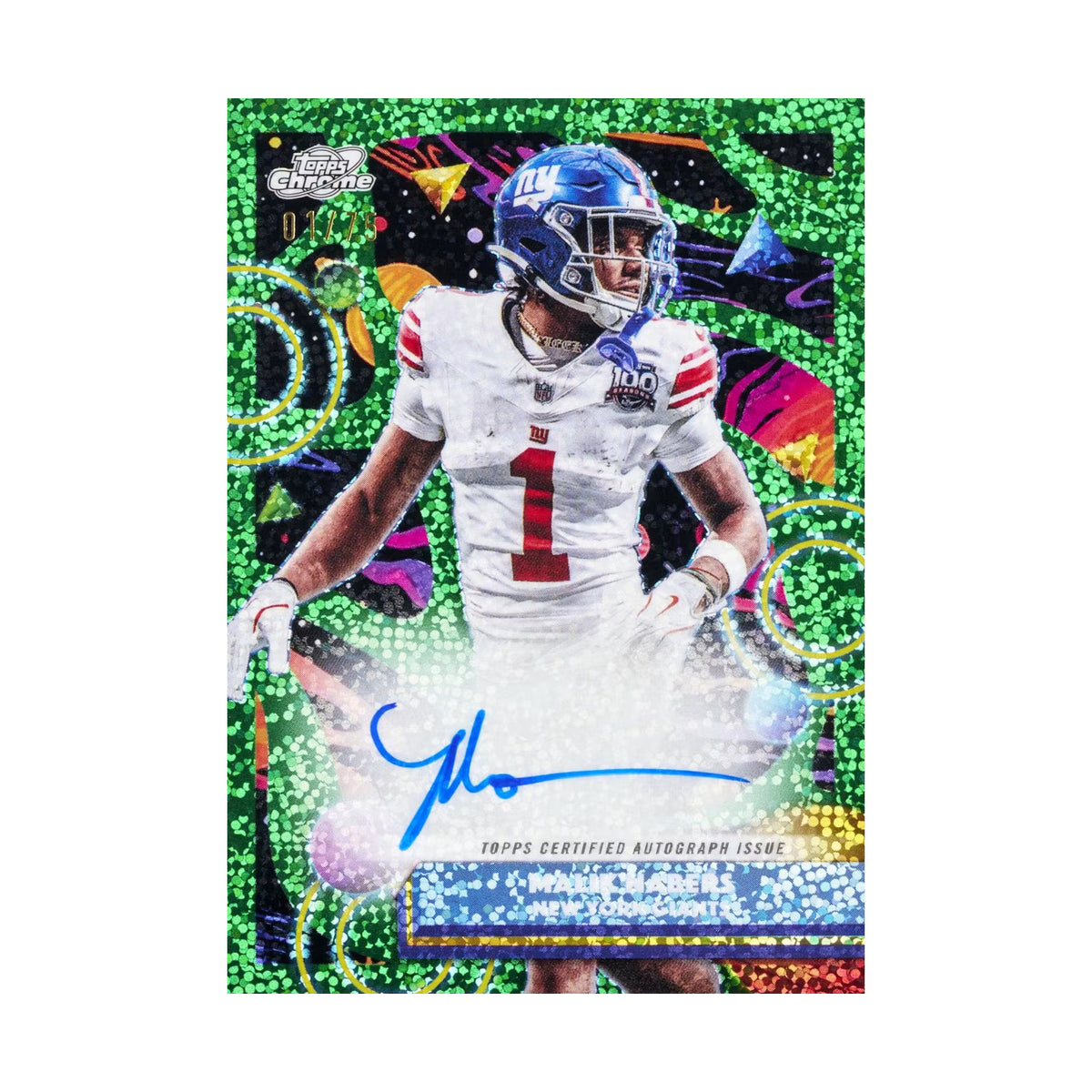 2025 Topps Cosmic Chrome Football Hobby, Malik Nabers Cosmic Chrome autograf. Produsentens korteksempel, ikke garantert innhold.
