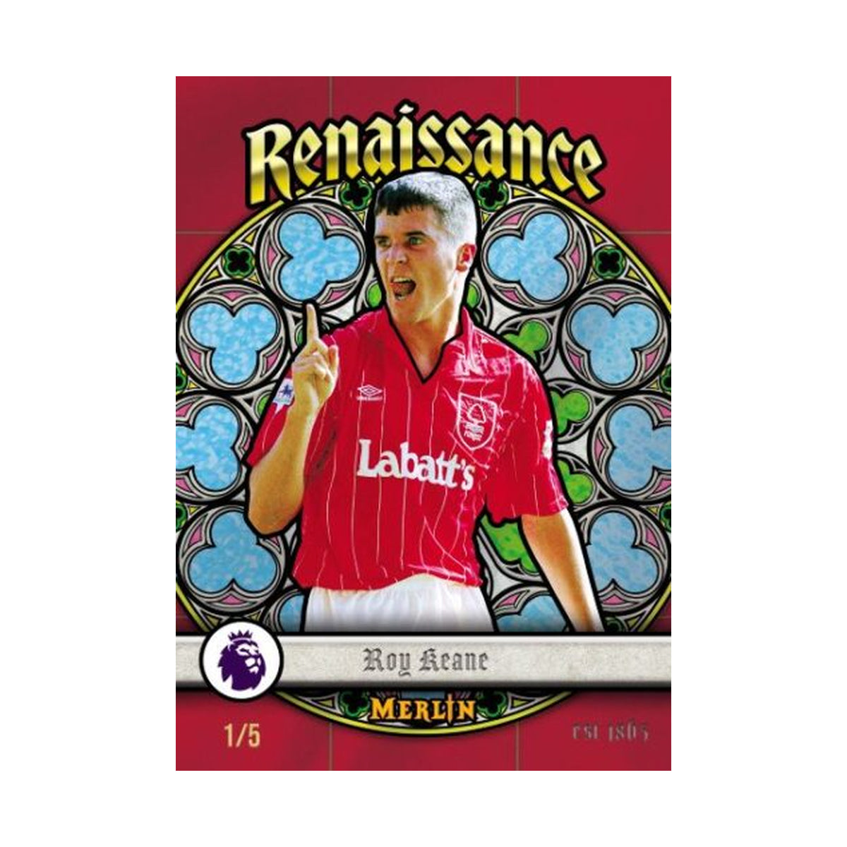 2025/26 Topps Merlin EPL Blaster, Roy Keane Renaissance Red /5. Produsentens korteksempel, ikke garantert innhold.