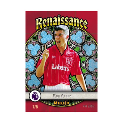 2025/26 Topps Merlin EPL Blaster, Roy Keane Renaissance Red /5. Produsentens korteksempel, ikke garantert innhold.