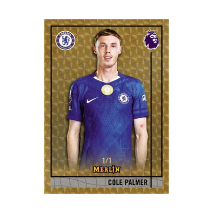 2025/26 Topps Merlin EPL Blaster, Cole Palmer Base Superfractor 1/1. Produsentens korteksempel, ikke garantert innhold.