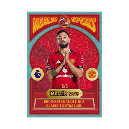 2025/26 Topps Merlin EPL Blaster, Bruno Fernandes Merlin Speaks Red /5. Produsentens korteksempel, ikke garantert innhold.