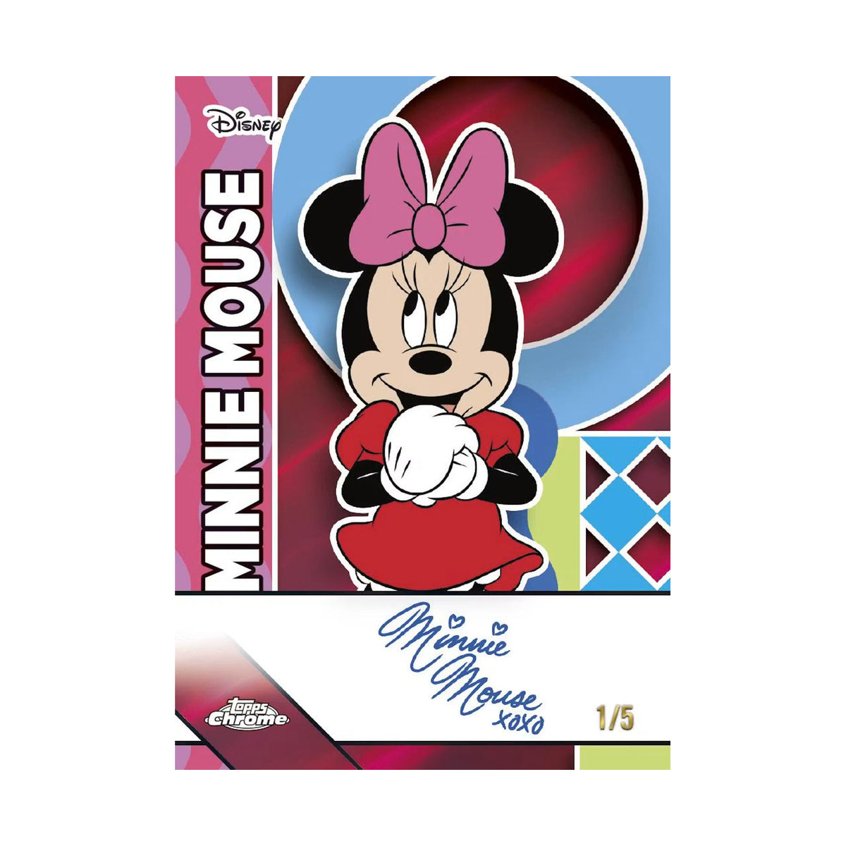 2026 Topps Chrome Disney Blaster, Minnie Mouse Facsimile Red /5, trykt signatur. Produsentens korteksempel, ikke garantert innhold.