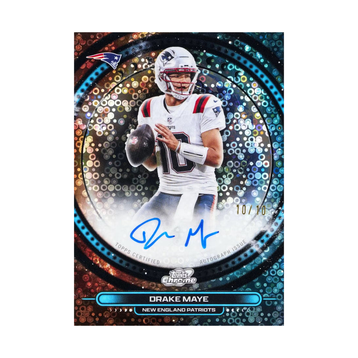 2025 Topps Cosmic Chrome Football Hobby, Drake Maye Equinox Black Eclipse /10. Produsentens korteksempel, ikke garantert innhold.