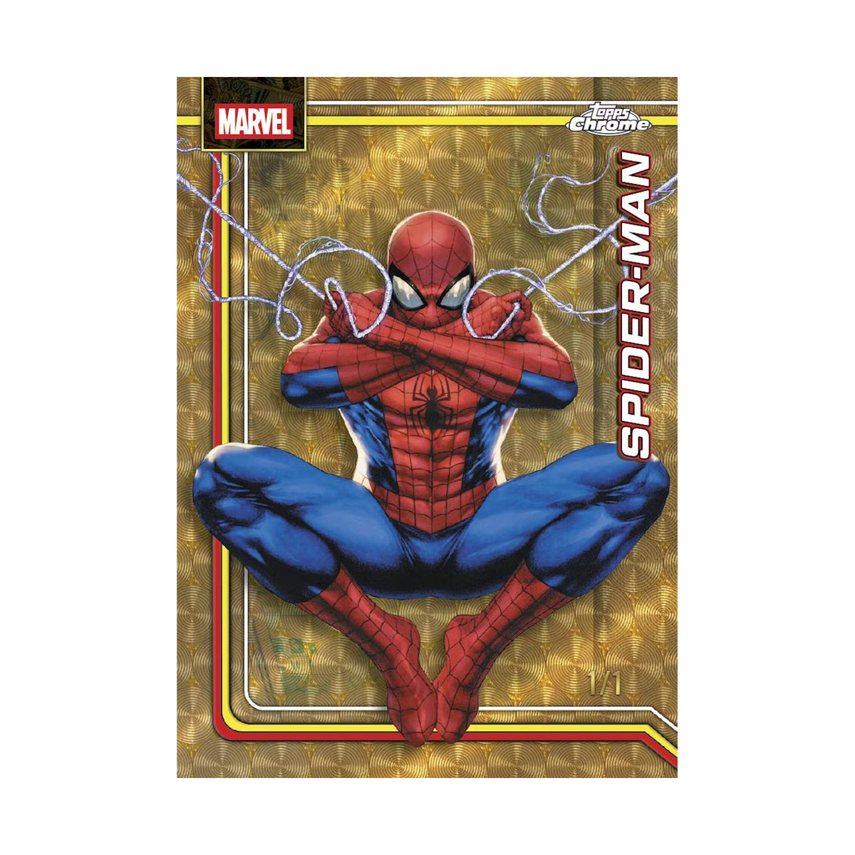 2026 Topps Chrome Marvel Comics Blaster, Spider Man Base Superfractor 1/1. Produsentens korteksempel, ikke garantert innhold.